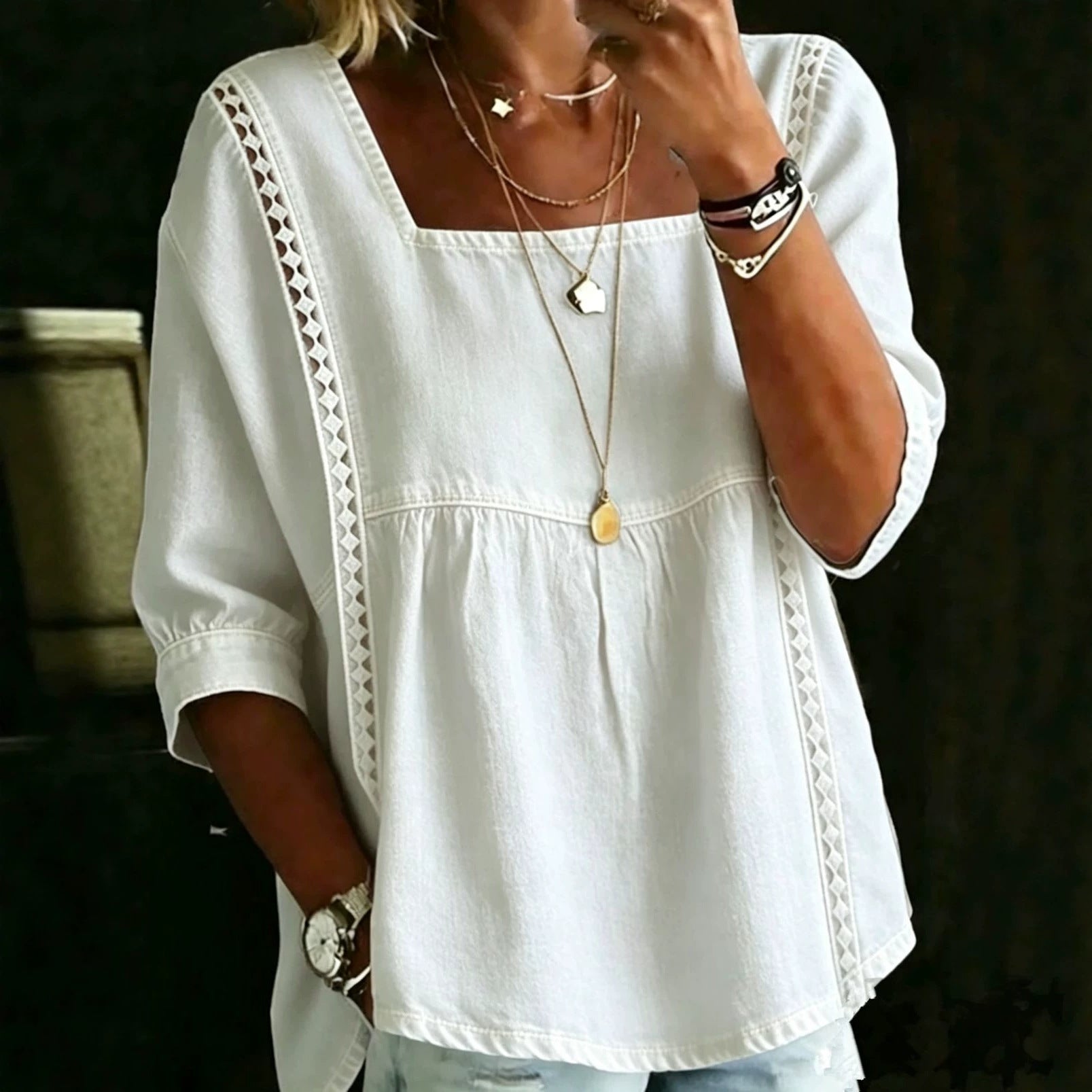 Denim And Lace Patchwork Blouse European And American Style