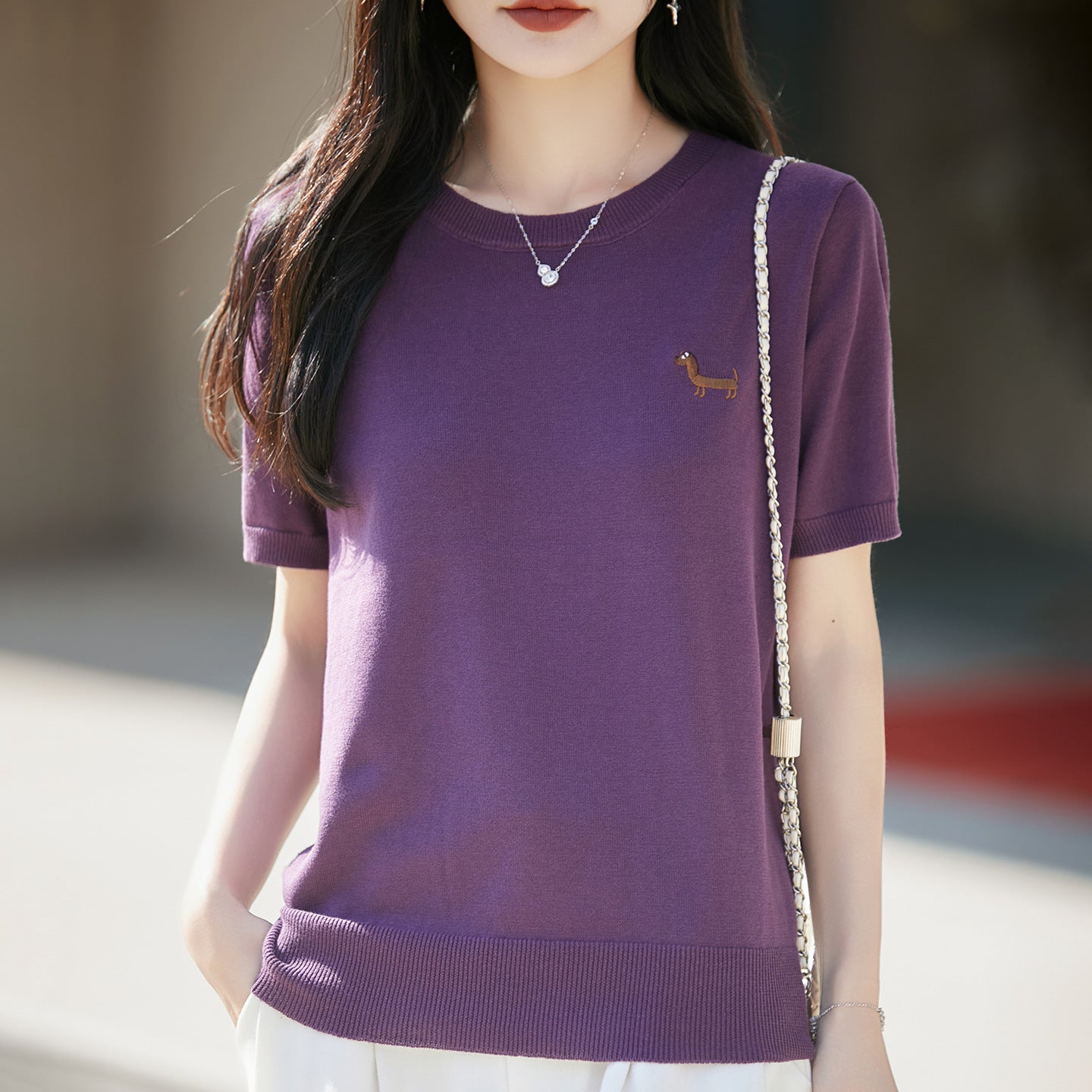 Short-sleeve Embroidered Puppy Loose-fit Pullover Bottoming T-shirt