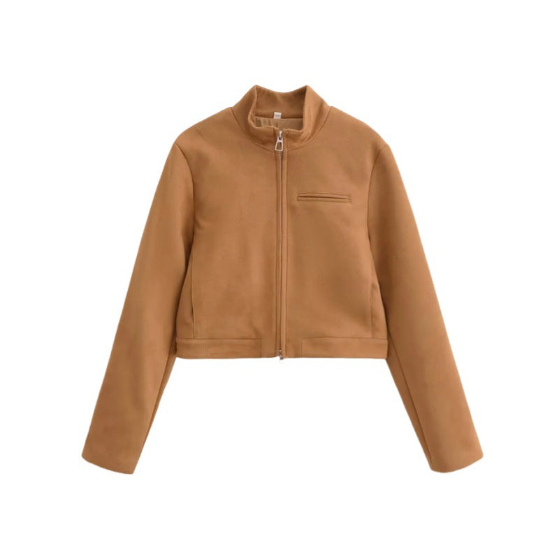 American-style Vintage Stand-collar Suede Velvet Long-sleeve Jacket
