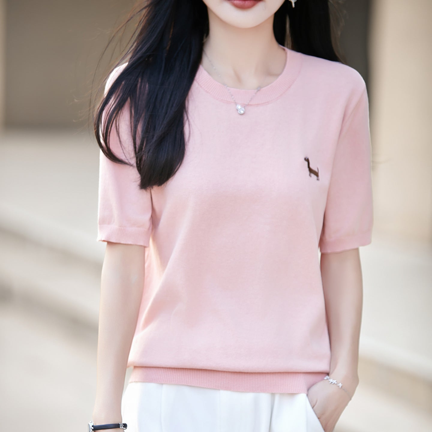 Short-sleeve Embroidered Puppy Loose-fit Pullover Bottoming T-shirt
