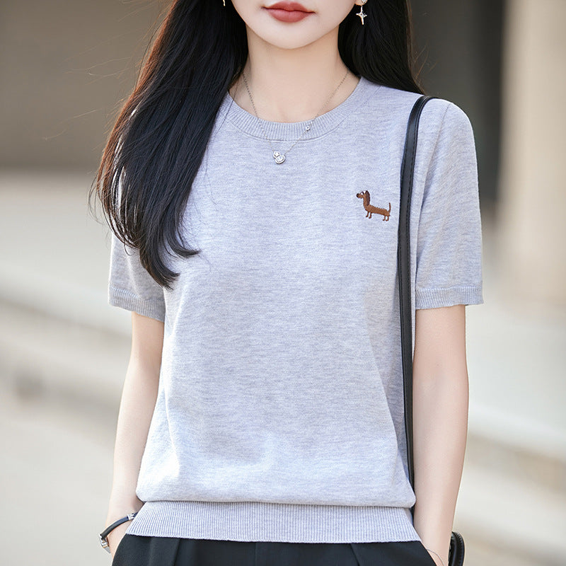 Short-sleeve Embroidered Puppy Loose-fit Pullover Bottoming T-shirt