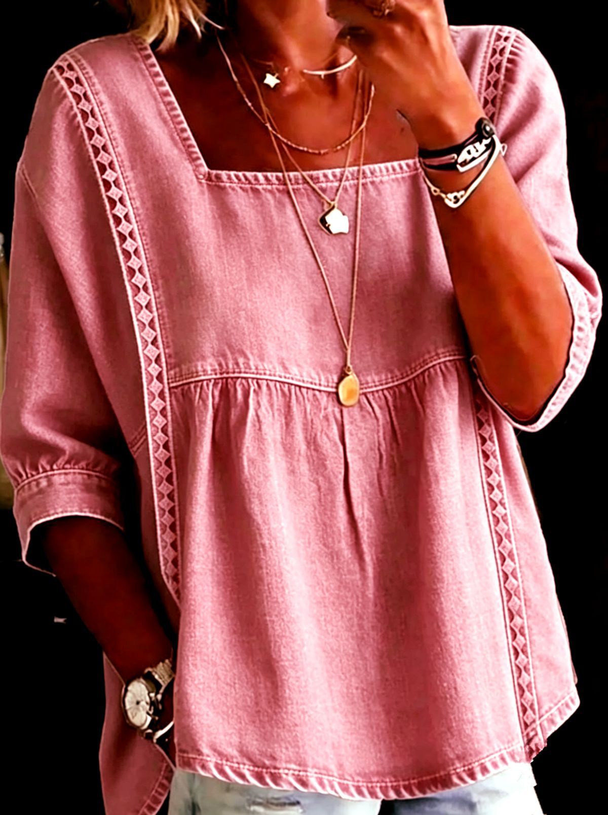Denim And Lace Patchwork Blouse European And American Style
