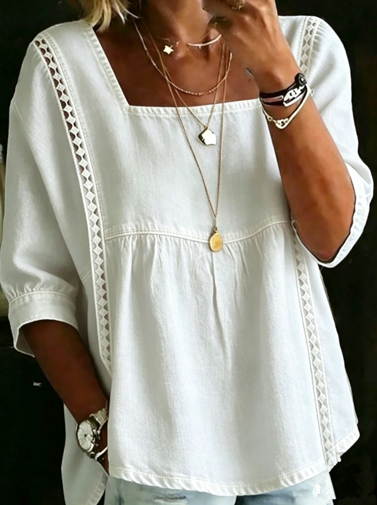 Denim And Lace Patchwork Blouse European And American Style