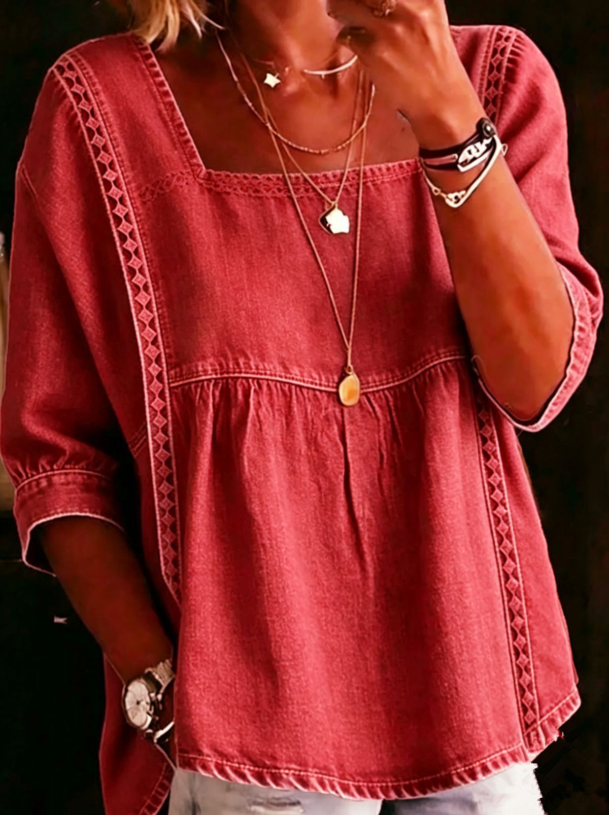 Denim And Lace Patchwork Blouse European And American Style