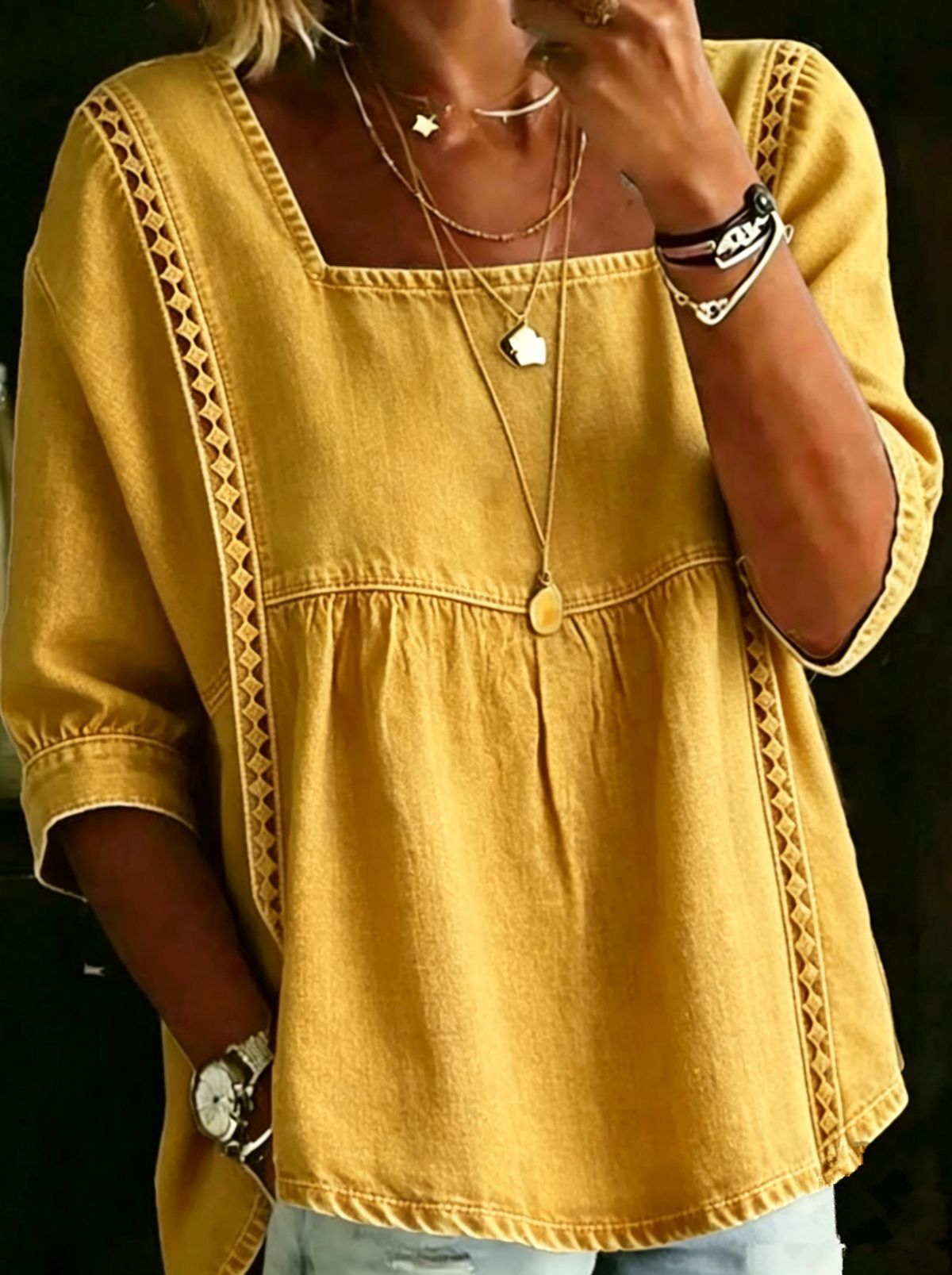 Denim And Lace Patchwork Blouse European And American Style