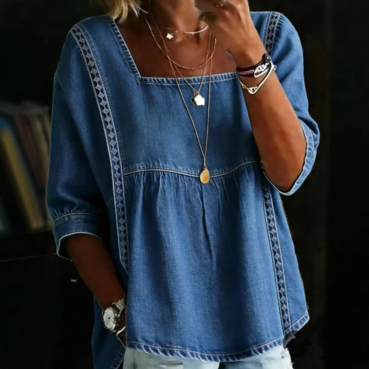 Denim And Lace Patchwork Blouse European And American Style