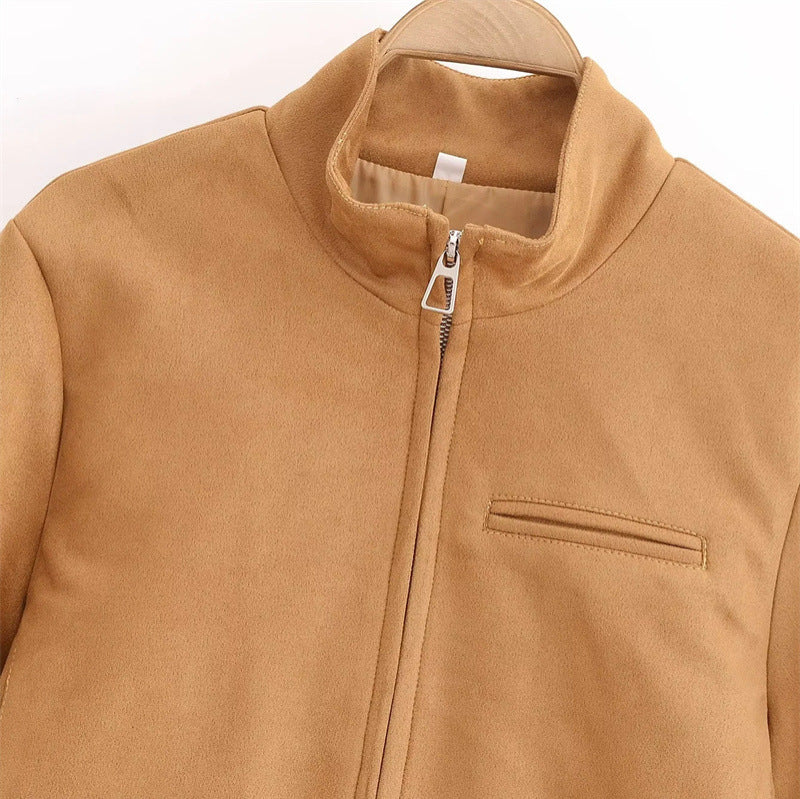American-style Vintage Stand-collar Suede Velvet Long-sleeve Jacket
