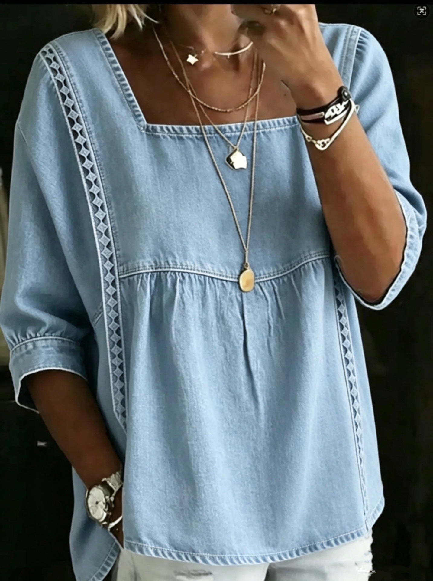 Denim And Lace Patchwork Blouse European And American Style