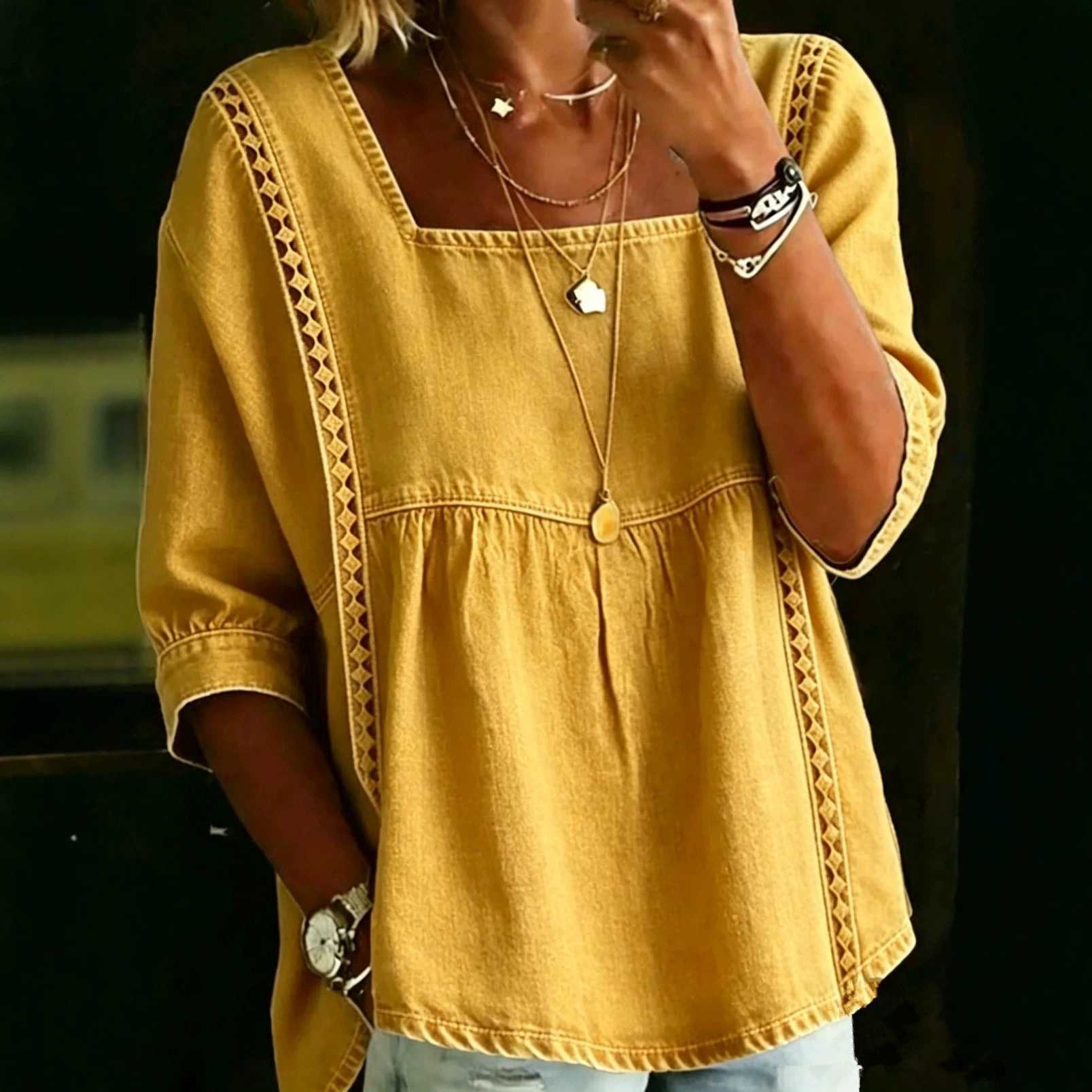 Denim And Lace Patchwork Blouse European And American Style