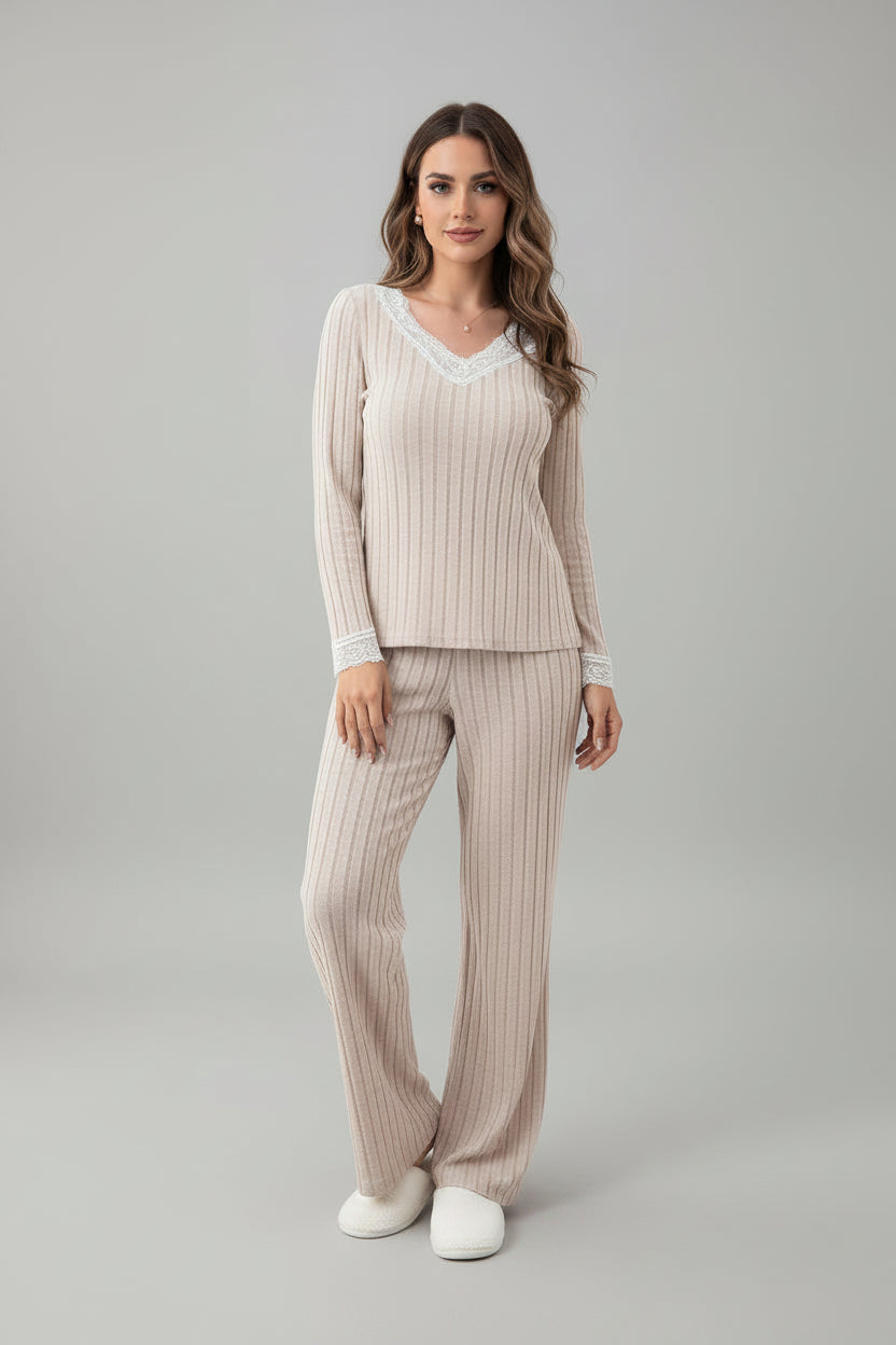 Lace Detail Ribbed V-Neck Two-Piece Loungewear Set