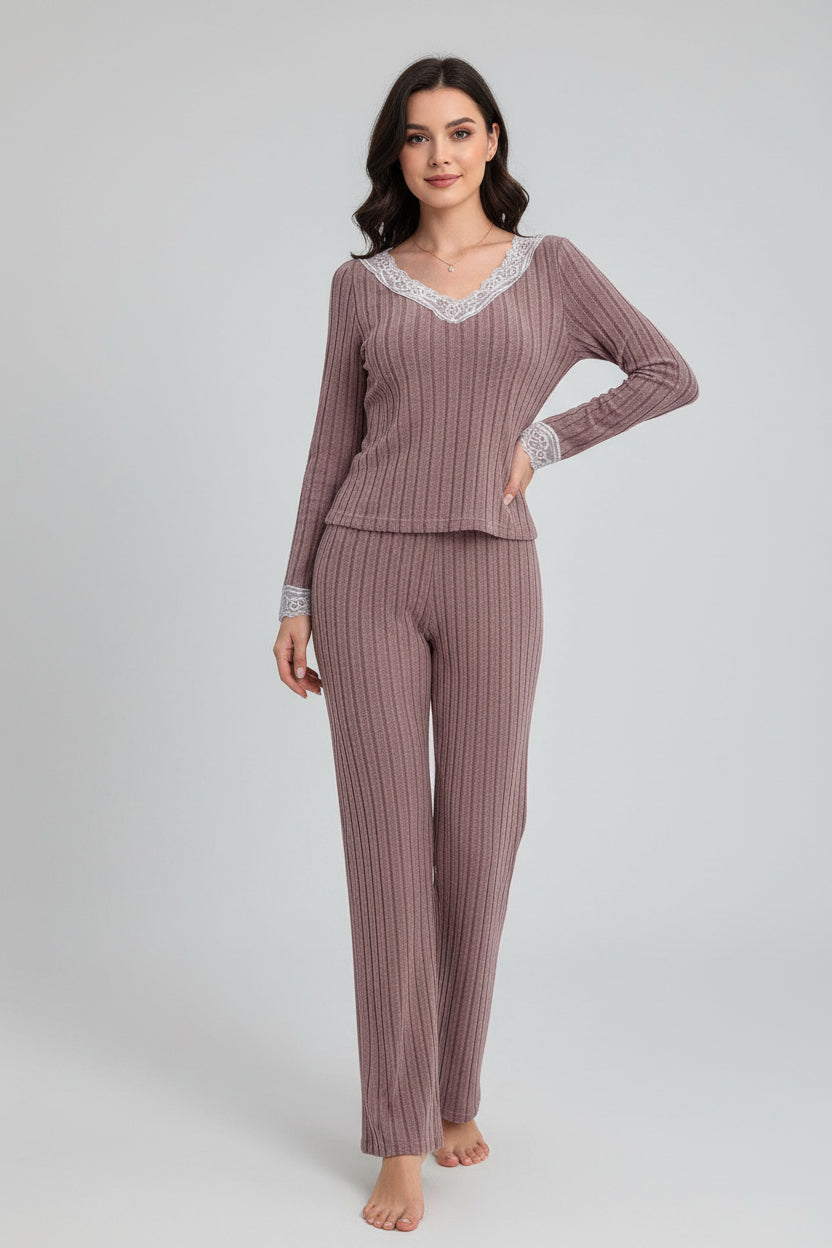 Lace Trim V-Neck Two-Piece Sleepwear Set