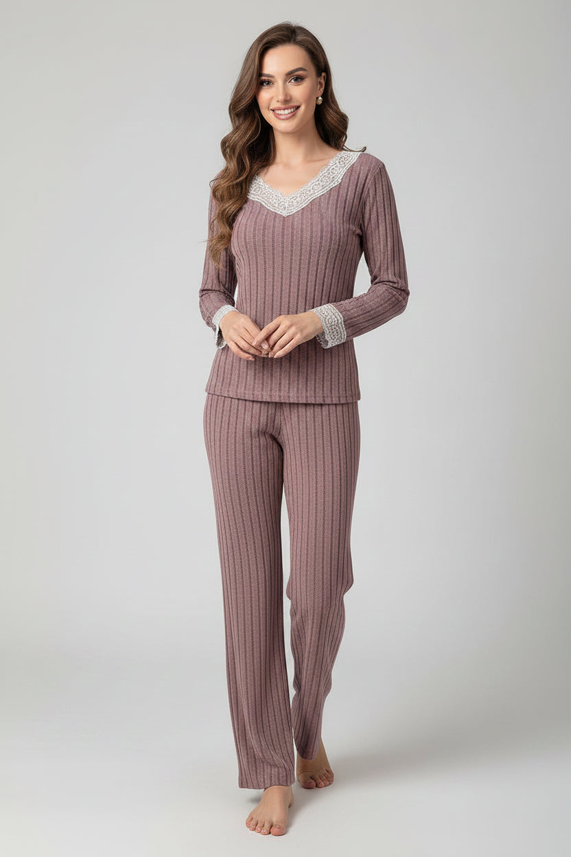 Soft Ribbed V-Neck Lace Pajama Set for Women