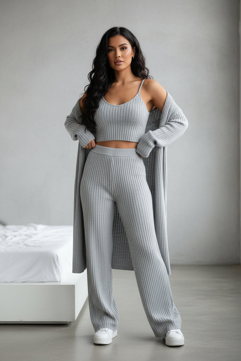Solid Color Knitted Three-Piece Home Wear Set