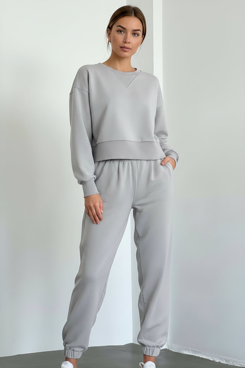 Solid Color Long Sleeve Round Neck Two-Piece Lounge Wear
