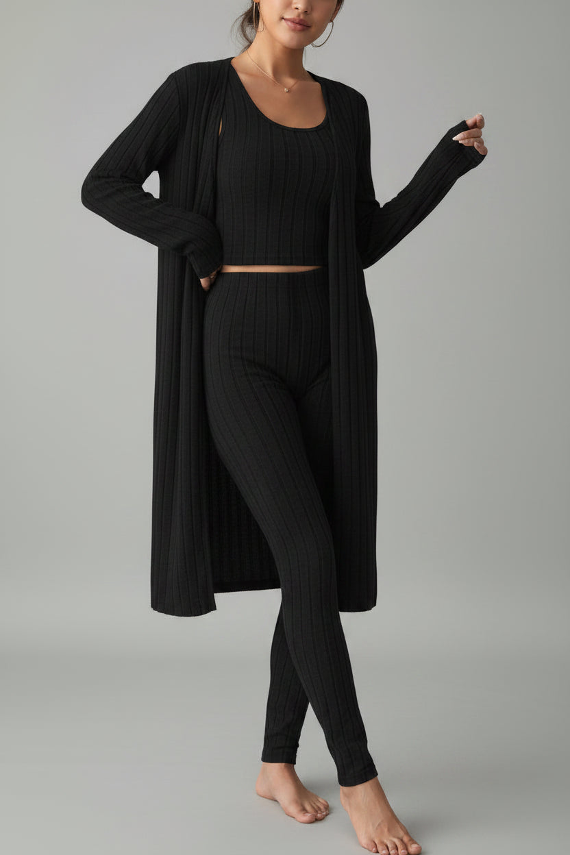 Solid Color Ribbed Knit Cardigan Three-Piece Set