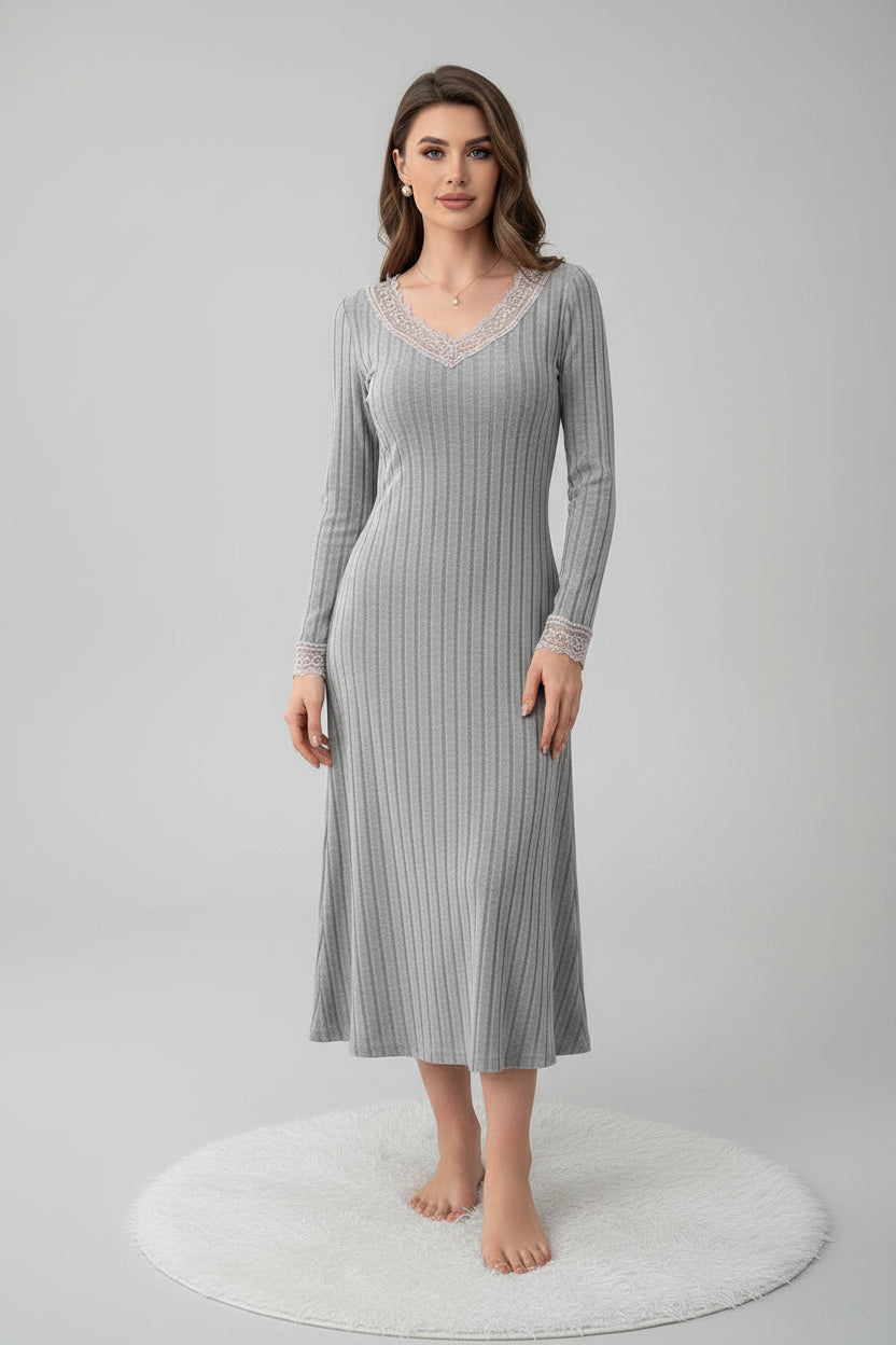 V-Neck Lace Trim Ribbed Two-Piece Pajama Set