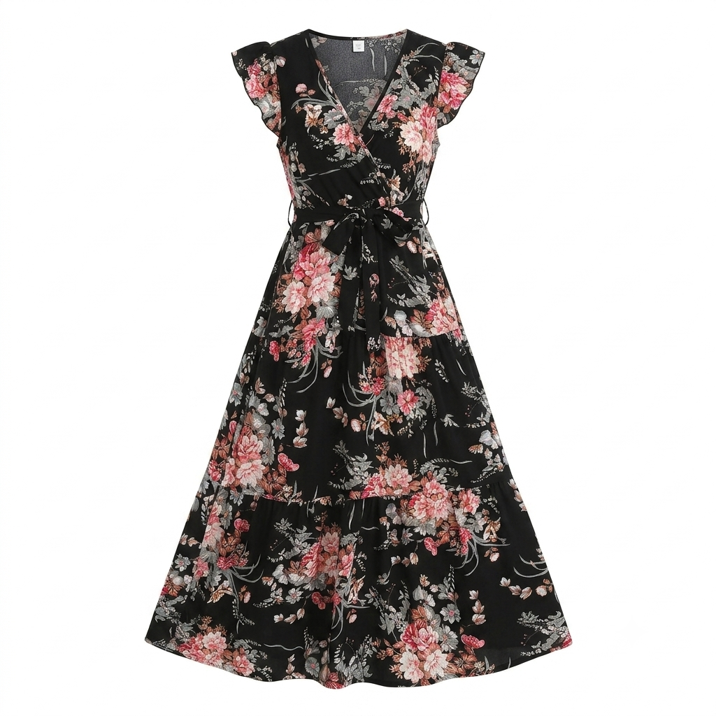 Women's Black Floral Print Short-Sleeve Dress