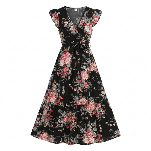 Women's Black Floral Print Short-Sleeve Dress