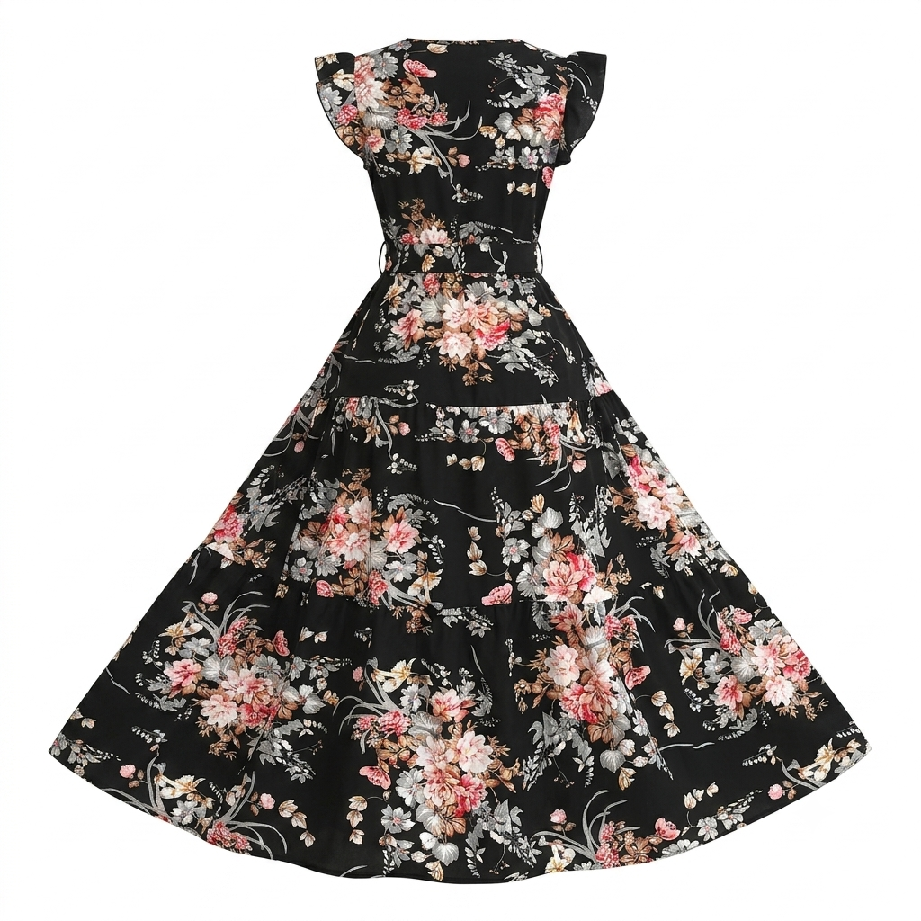 Women's Black Floral Print Short-Sleeve Dress - Back Side