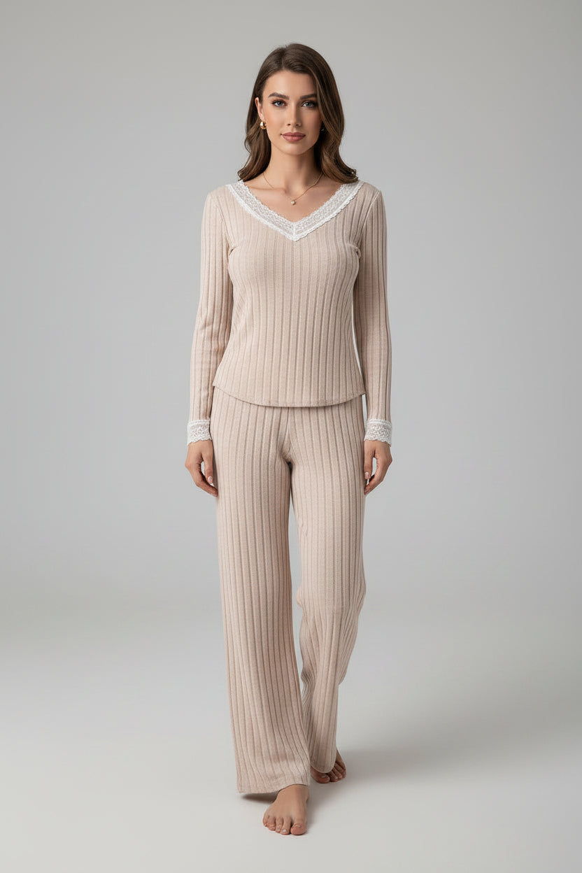 Women's Ribbed Knit V-Neck Pajama Set