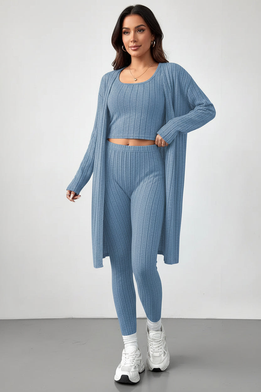 Women's Solid Ribbed Knit Loungewear Three-Piece Set