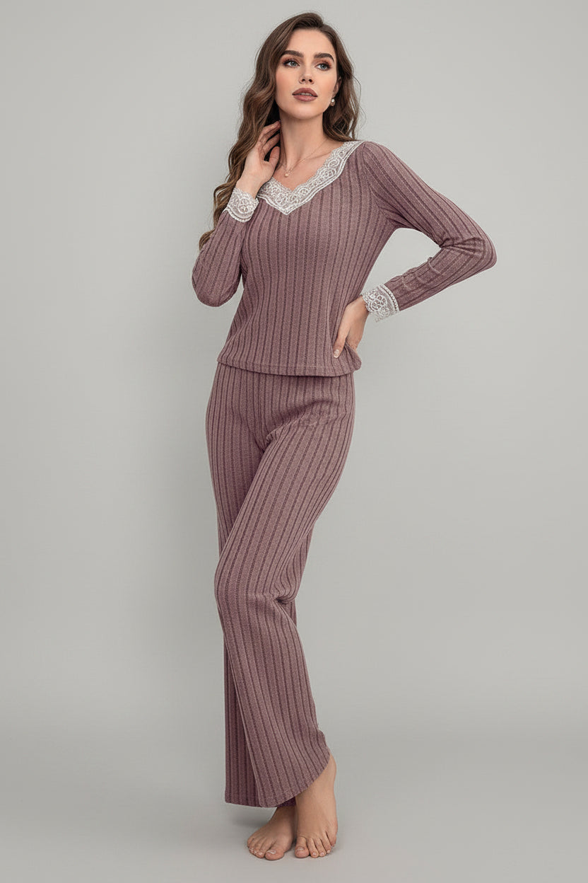 Women's V-Neck Lace Ribbed Pajama Set