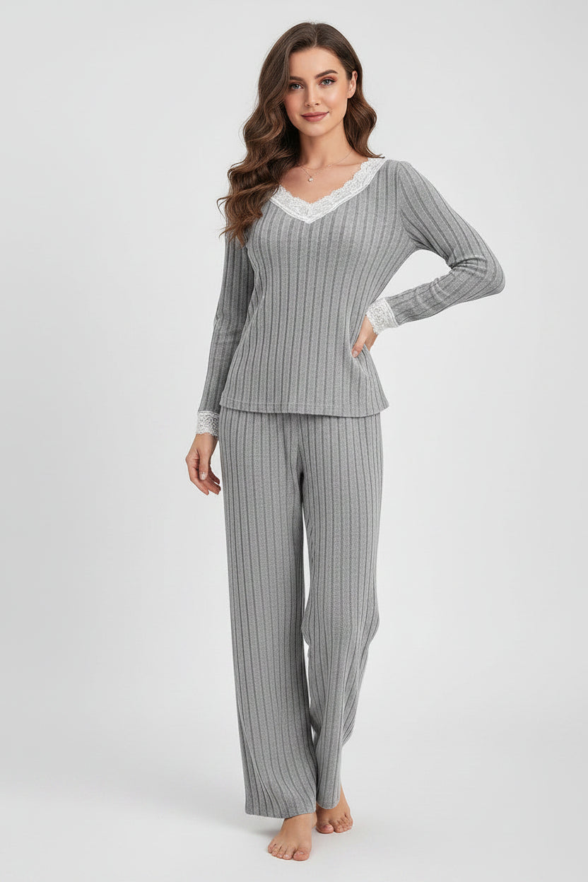 Women's V-Neck Ribbed Knit Sleepwear Set