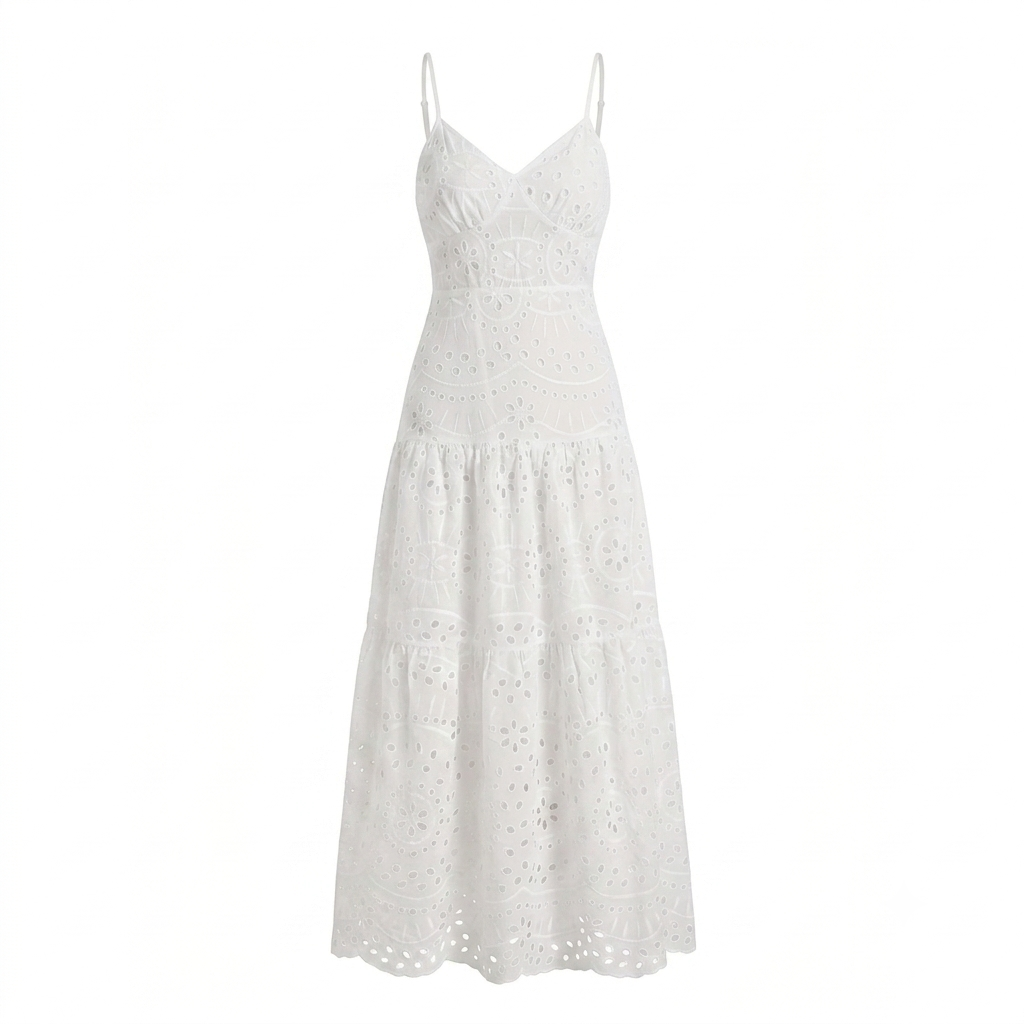 Women's White Embroidered Lace Sleeveless Slip Dress - Front Side