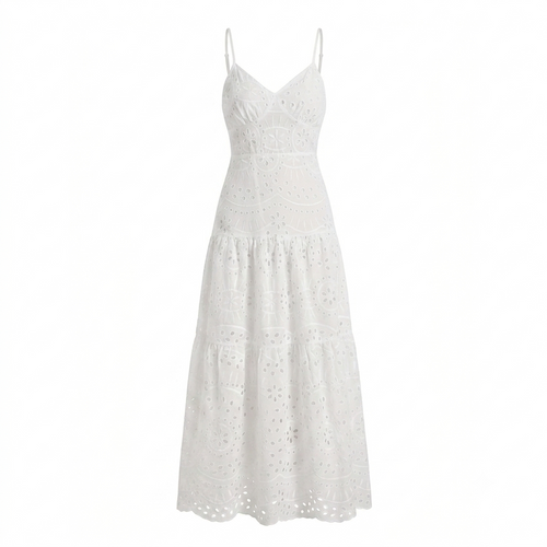 Women's White Embroidered Lace Sleeveless Slip Dress - Front Side