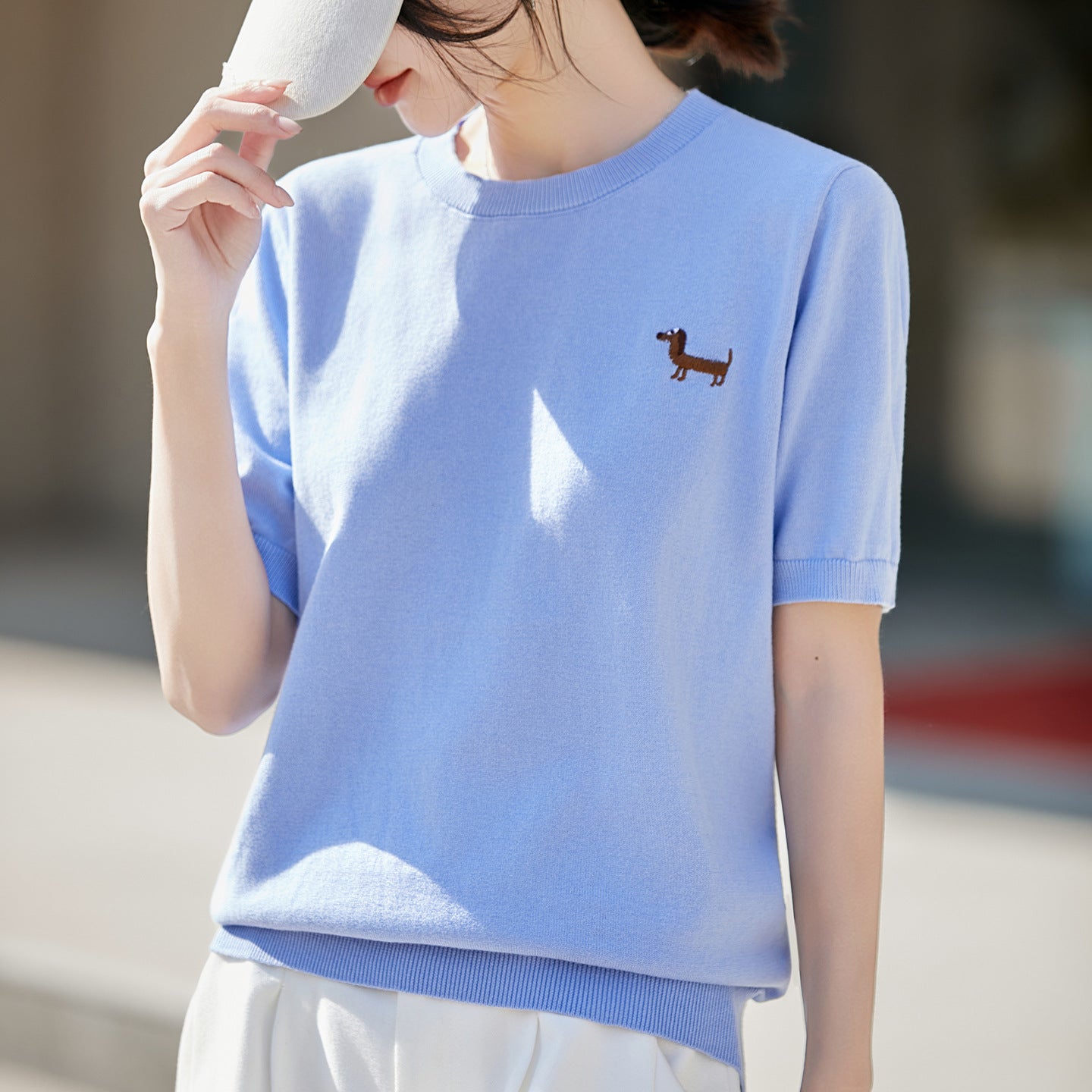 Short-sleeve Embroidered Puppy Loose-fit Pullover Bottoming T-shirt