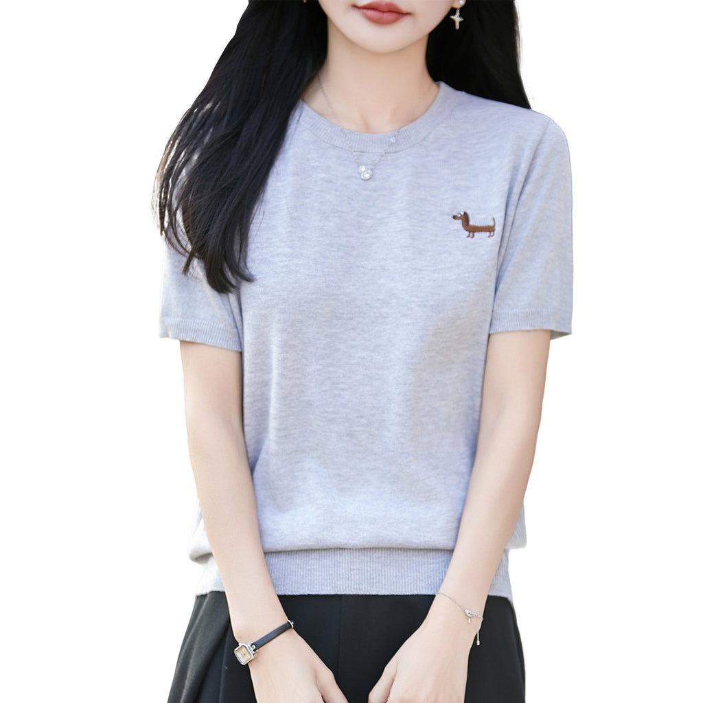 Short-sleeve Embroidered Puppy Loose-fit Pullover Bottoming T-shirt