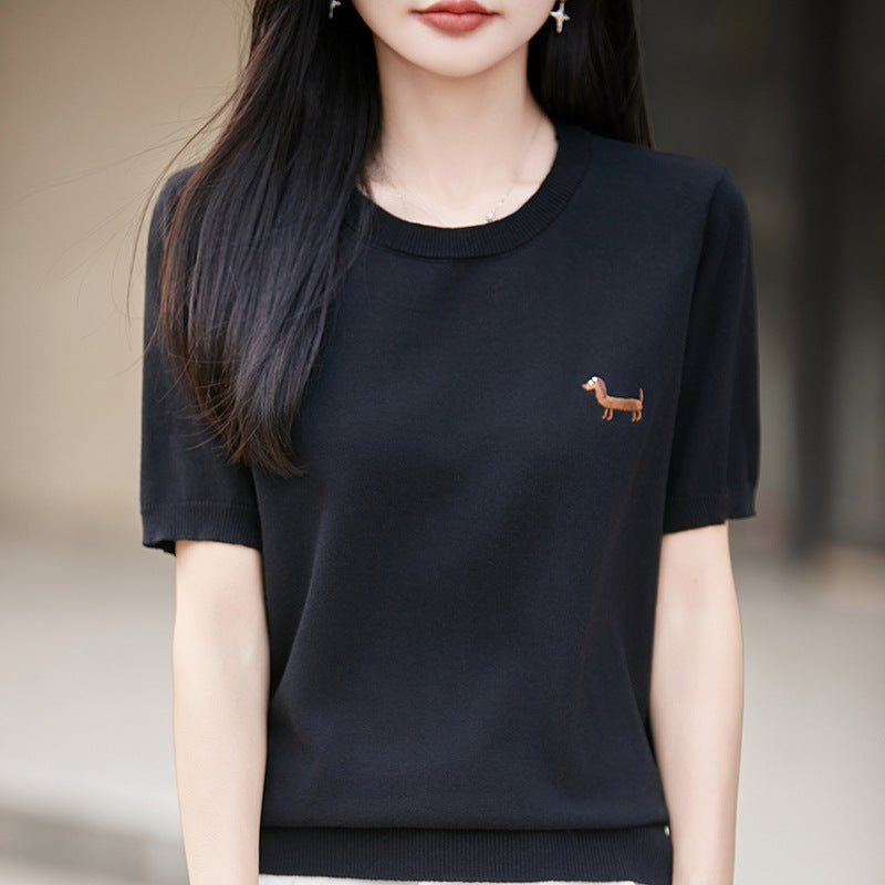Short-sleeve Embroidered Puppy Loose-fit Pullover Bottoming T-shirt