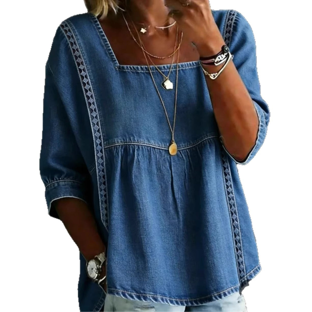 Denim And Lace Patchwork Blouse European And American Style