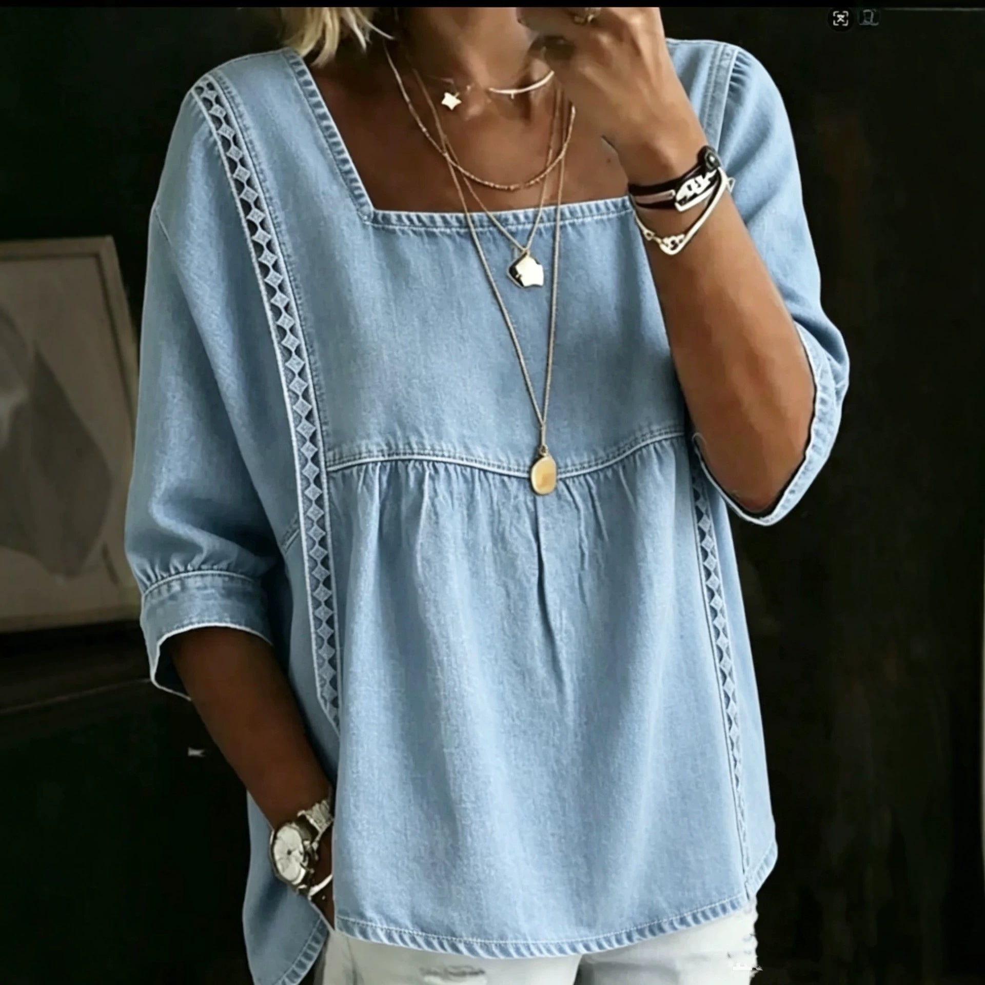 Denim And Lace Patchwork Blouse European And American Style