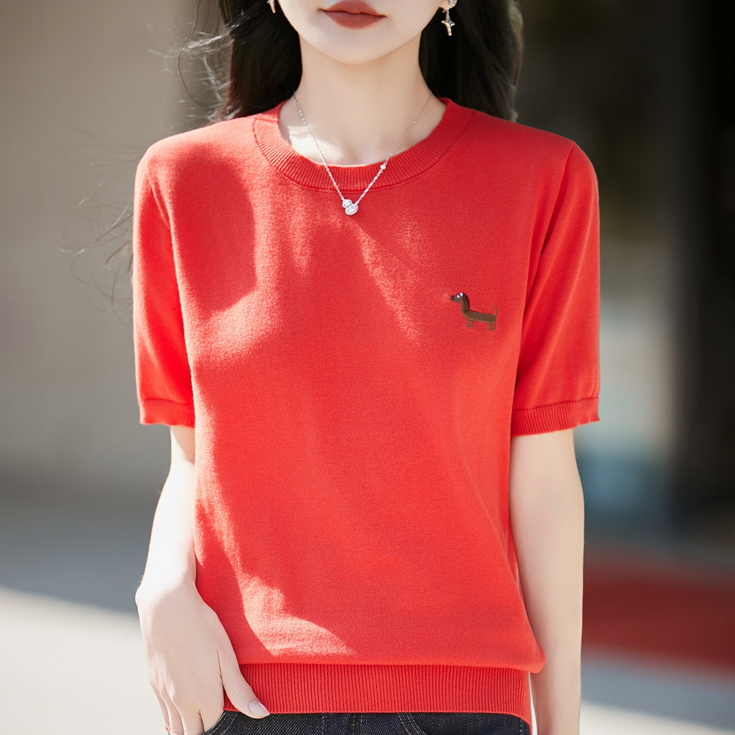 Short-sleeve Embroidered Puppy Loose-fit Pullover Bottoming T-shirt