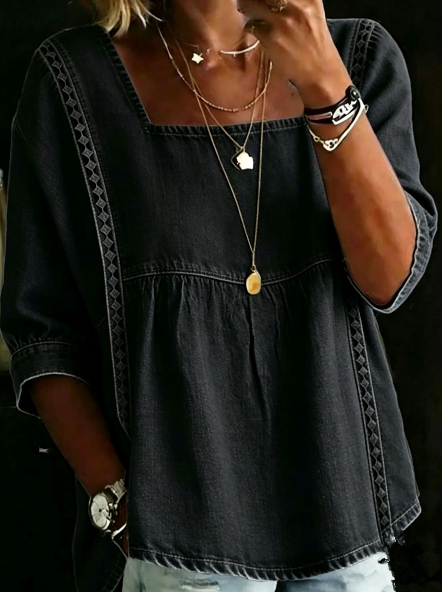 Denim And Lace Patchwork Blouse European And American Style