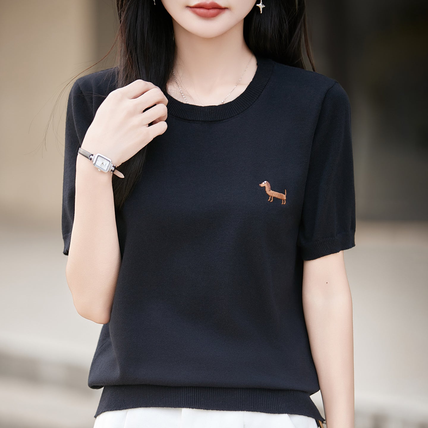 Short-sleeve Embroidered Puppy Loose-fit Pullover Bottoming T-shirt