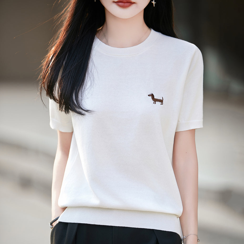 Short-sleeve Embroidered Puppy Loose-fit Pullover Bottoming T-shirt