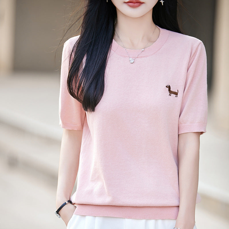 Short-sleeve Embroidered Puppy Loose-fit Pullover Bottoming T-shirt